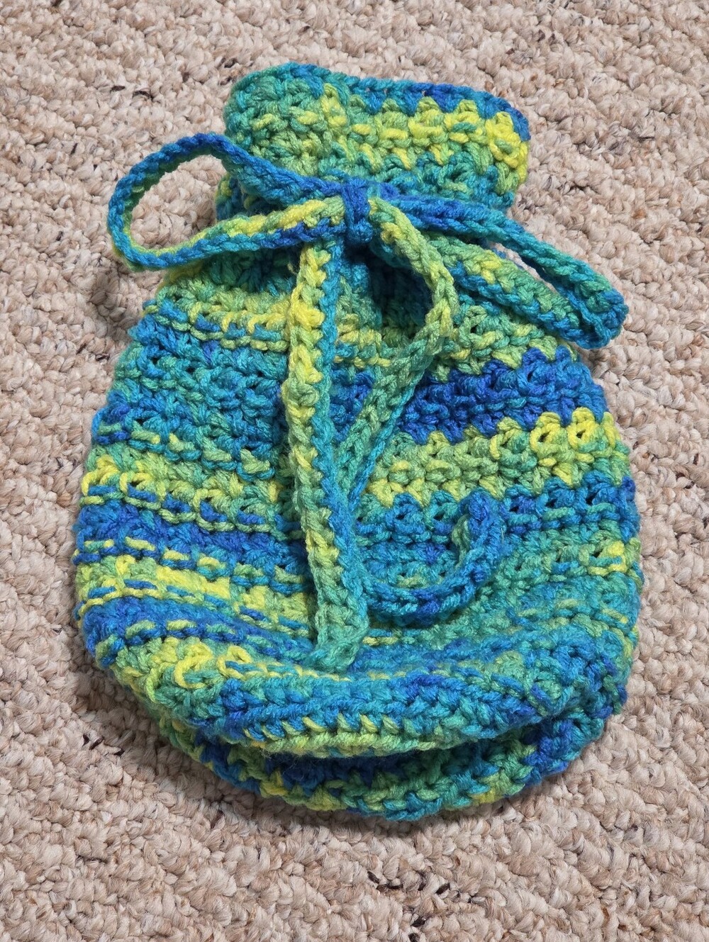 Hand Crafted Multicolor Crochet Drawstring Travel Bag - Blue, Green, Yellow